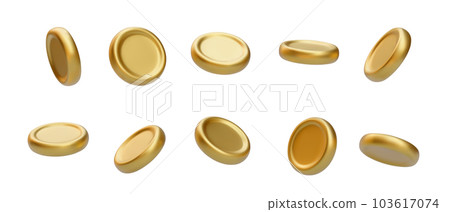 Set of 3d realistic golden coin in different angles isolated on white background. Vector illustration 103617074