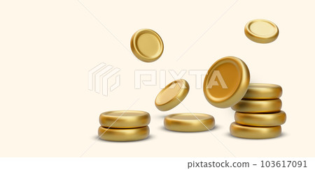 Stack of gold coins and falling gold coins in 3d realistic style. Vector illustration 103617091