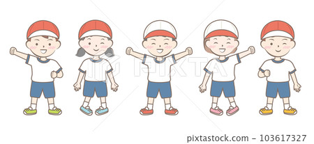 身穿運動服、全身、紅色和白色帽子的兒童 身穿運動服、全身、紅色和白色帽子的兒童 103617327