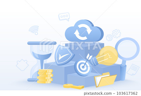 Business ideas concept. Elements of cloud computing data backup and storage solutions, shield protection of account, bulb light creative thinking, darts and goals progress towards achieving success.  103617362
