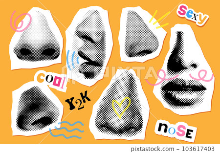 Set of groovy retro halftone collage elements for mixed media design. Different noses in halftone texture, dotted pop art style. Vector illustration of vintage grunge punk crazy art design. 103617403