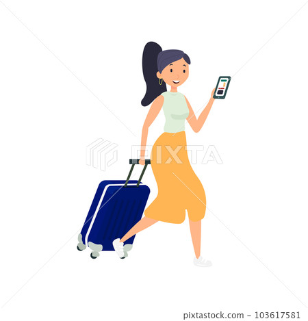Woman with luggage and phone flat icon. Colored vector element from airport collection. Creative Woman with luggage and phone icon for web design, templates and infographics. 103617581