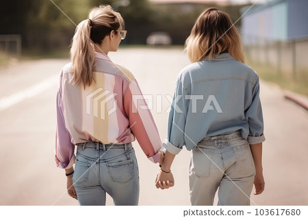 Two lesbian girls with LGBT relationships are walking the streets of the city, generative AI. Two lesbian girls with LGBT relationships are walking the streets of the city, generative AI. 103617680