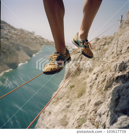 Legs of man walking on tightrope over an abyss close-up, tightrope walker high above cliff, dangerous work 103617739