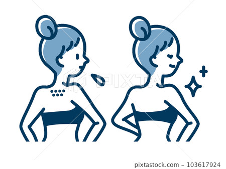 Before and after of a woman who cleaned the pores and unshaving after processing the downy hair on the back Before and after of a woman who cleaned the pores and unshaving after processing the downy hair on the back 103617924