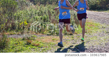 Two boys from the same team running in a cross country race Two boys from the same team running in a cross country race 103617985