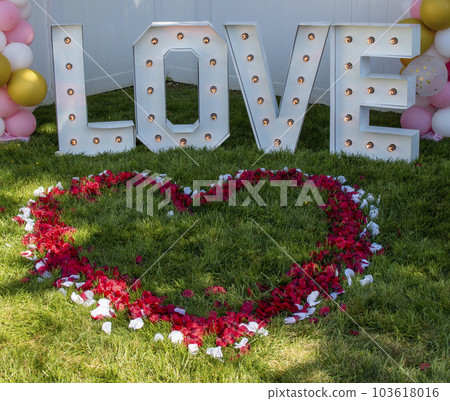 Red and white rose petals in the shape of a heart with letters spelling love 103618016