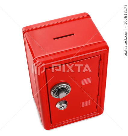Closed red steel safe isolated on white Closed red steel safe isolated on white 103618172
