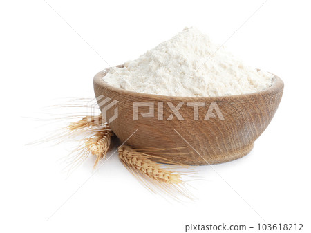 Organic flour and spikelets isolated on white Organic flour and spikelets isolated on white 103618212