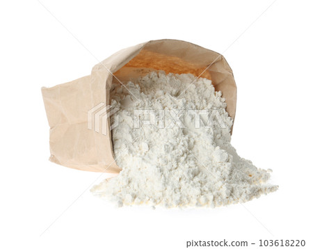 Overturned paper bag with flour isolated on white 103618220