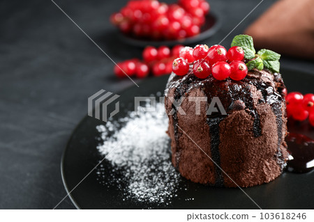 Delicious warm chocolate lava cake with mint and berries on table, closeup. Space for text 103618246