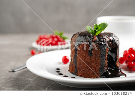 Delicious warm chocolate lava cake with mint and berries on marble table, closeup. Space for text Delicious warm chocolate lava cake with mint and berries on marble table, closeup. Space for text 103618254