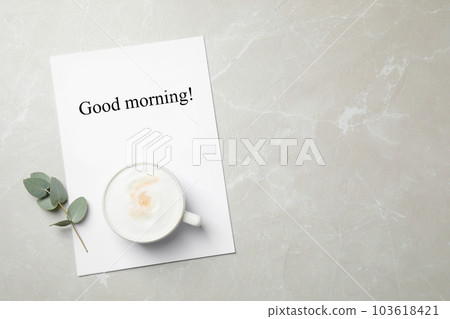 Flat lay composition with coffee on grey marble table, space for text. Tasty breakfast Flat lay composition with coffee on grey marble table, space for text. Tasty breakfast 103618421