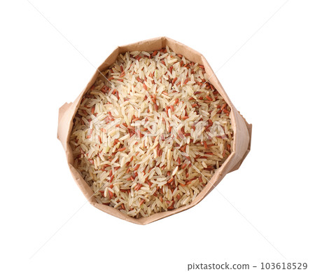 Mix of brown and polished rice in paper bag isolated on white, top view Mix of brown and polished rice in paper bag isolated on white, top view 103618529