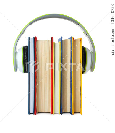 Books with modern headphones isolated on white 103618738