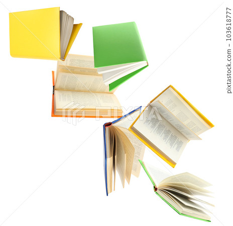 Colorful hardcover books flying on white background 103618777
