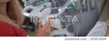 Woman practitioner holding ultrasound transducer and do screening of patient 103619090