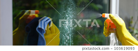 Female cleaner cleaning window using detergent and rag Female cleaner cleaning window using detergent and rag 103619093