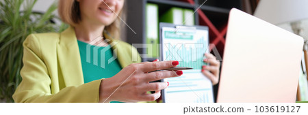 Businesswoman at online meeting or business seminar in office. Businesswoman at online meeting or business seminar in office. 103619127