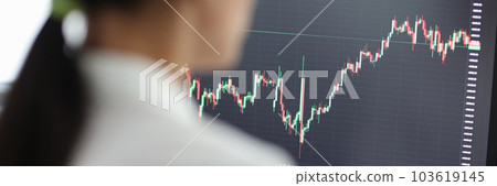 Happy woman trader working on pc and making technical analysis of trends 103619145