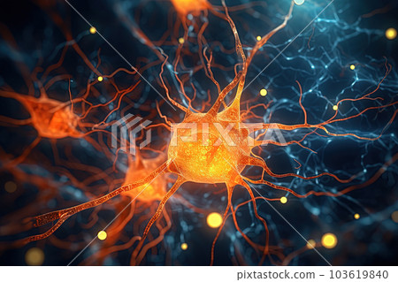 Science and medicine abstraction with neurons transmitting synapse signal. Neural system with impulse going through nerve cell. Generated AI. Science and medicine abstraction with neurons transmitting synapse signal. Neural system with impulse going through nerve cell. Generated AI. 103619840