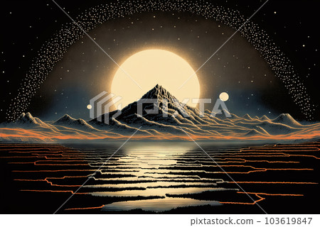 Retro styled sci-fi landscape with mountains. Retro futuristic science fiction illustration in drawing style with alien sun. Generated AI. Retro styled sci-fi landscape with mountains. Retro futuristic science fiction illustration in drawing style with alien sun. Generated AI. 103619847