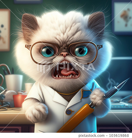 Funny dentist cat. Cute kitten in doctor costume with dentistry and hygiene tools. Generative AI. 103619868