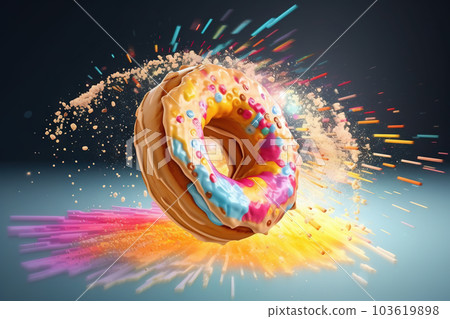 Donut expressive shot with topping and sugar powder splash. Tasty donut food styling image. Generative AI. 103619898