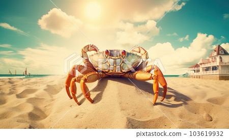 Curious crab on the sandy beach in nostalgic card style. Retro vacation postcard with crab on the coast. Generated AI. 103619932