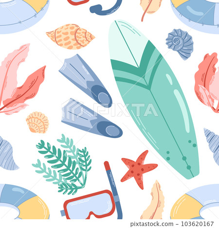 Colored seamless summer marine pattern. Nautical elements for swimming and outdoor activities. Diving, surfing. Ocean and sea elements isolated on white background. 103620167