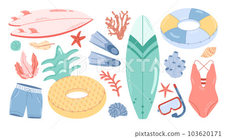 Sea summer set with shells, seaweed, surfboard and other staff for relaxing on the beach, swimming. Colored vector elements isolated on white background. Sea summer set with shells, seaweed, surfboard and other staff for relaxing on the beach, swimming. Colored vector elements isolated on white background. 103620171