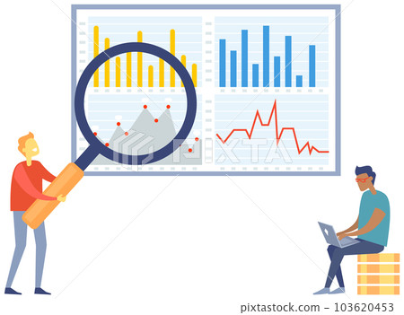 Men office worker with magnifying glass analyzes indices on presentation with graphs and charts Men office worker with magnifying glass analyzes indices on presentation with graphs and charts 103620453