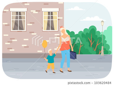 A girl with a child walking on the street. Mother with son spends time outdoors vector illustration 103620484