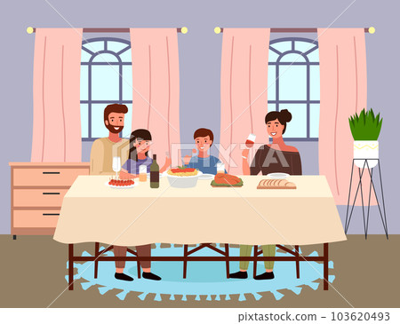 People are eating italian food in their apartment. Family is having dinner together at home 103620493