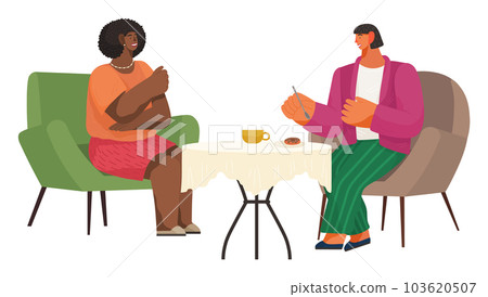 Tasty dinner at home flat vector illustration. Couple eating donut and drinking tea together Tasty dinner at home flat vector illustration. Couple eating donut and drinking tea together 103620507