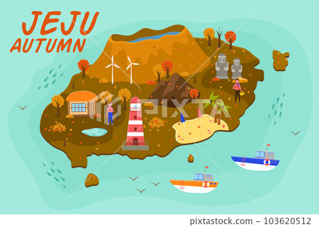 Jeju island travel map illustration, Attractions in flat design. Autumn travel, active lifestyle Jeju island travel map illustration, Attractions in flat design. Autumn travel, active lifestyle 103620512