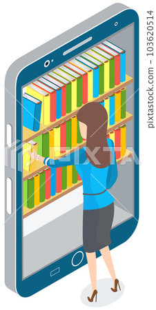 Woman chooses book in digital online library on smartphone. Distance education with modern app 103620514