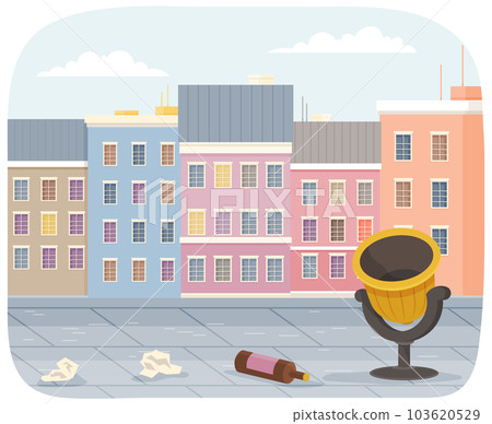 Trash can with rubbish scattered on the street. Wheelie bin with garbage on cityscape background 103620529