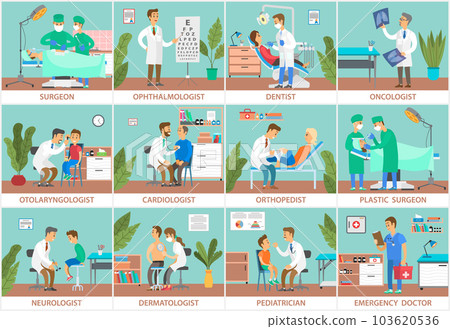 Scenes set as for study of symptoms and collection of patient data, various medical specialties Scenes set as for study of symptoms and collection of patient data, various medical specialties 103620536