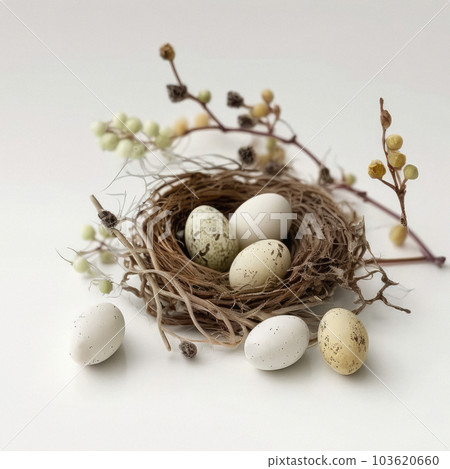eggs in a nest, Easter eggs, nest, subdued colors, neutral white background, cozy, minimalism 103620660