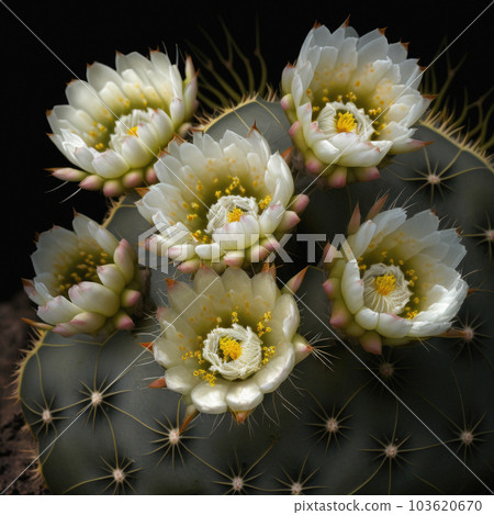 Gymnocalycium gibbosum cactus, blooming with opened flowers, natural habitat 103620670