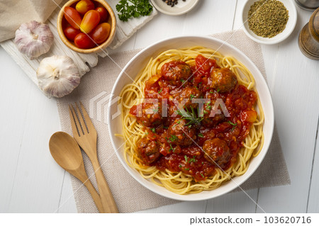 Spaghetti with meat balls,delicious meatballs pasta with tomato sauce in white plate.Top view Spaghetti with meat balls,delicious meatballs pasta with tomato sauce in white plate.Top view 103620716