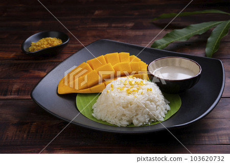 Thai Sweet Sticky Rice with Mango in black plate (Thai Dessert),Khao Niew Ma Muang Thai Sweet Sticky Rice with Mango in black plate (Thai Dessert),Khao Niew Ma Muang 103620732