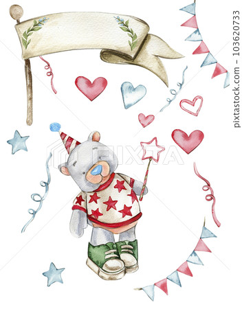 Party celebration composition. Bear and rabbit in a birthday cap. Watercolor hand drawn design for baby shower party, birthday, cake, holiday design, greetings card, invitation. Party celebration composition. Bear and rabbit in a birthday cap. Watercolor hand drawn design for baby shower party, birthday, cake, holiday design, greetings card, invitation. 103620733