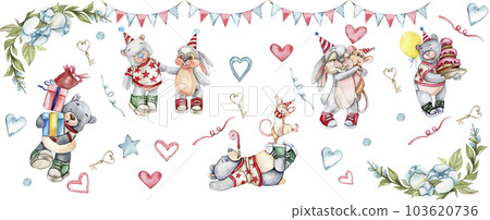 Party celebration composition. Bear and rabbit in a birthday cap. Watercolor hand drawn design for baby shower party, birthday, cake, holiday design, greetings card, invitation. Party celebration composition. Bear and rabbit in a birthday cap. Watercolor hand drawn design for baby shower party, birthday, cake, holiday design, greetings card, invitation. 103620736