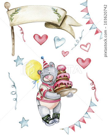 Party celebration composition. Bear and rabbit in a birthday cap. Watercolor hand drawn design for baby shower party, birthday, cake, holiday design, greetings card, invitation. Party celebration composition. Bear and rabbit in a birthday cap. Watercolor hand drawn design for baby shower party, birthday, cake, holiday design, greetings card, invitation. 103620742