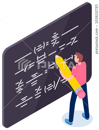 Businessman with big pencil planning strategy. Male character drawing symbols on blackboard 103620785