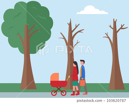 Young parents pushing stroller in autumn park. Husband and wife spend time together outdoors Young parents pushing stroller in autumn park. Husband and wife spend time together outdoors 103620787