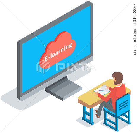 Student education, courses symbol. Man sitting at table with notebook watching an online lesson Student education, courses symbol. Man sitting at table with notebook watching an online lesson 103620820