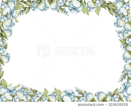 Watercolor hand drawn spring garden full of blue roses square frame. Summer illustration for scrapbooking. Cartoon hand drawn background with flower for kids design. Perfect for wedding invitation. 103620838